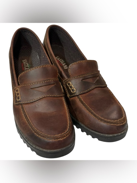 Eastland Shoes - Eastland Moon Beam Brown Leather Loafer Heels Chunky Lug Sole Size 8.5